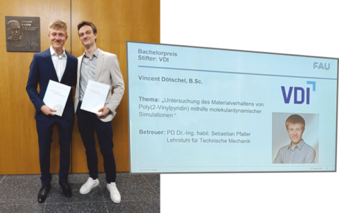 Collage showing Vincent Dötschel and Jakob Seibert presenting their bachelor certificates together with a snapshot of the slide announcing Vincent Dötschel as awardee of the VDI prize